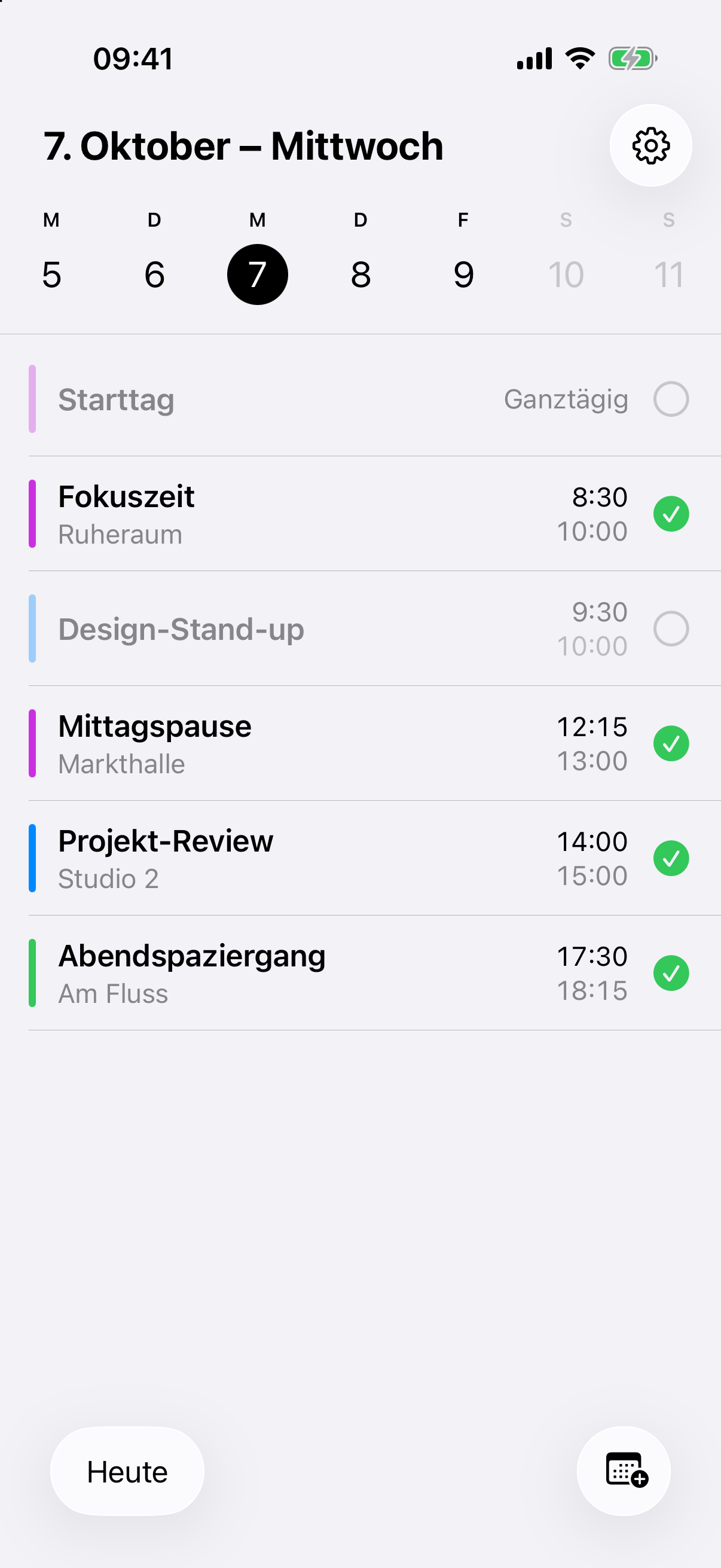 Detail der echten App: Fokuszeit ist ausgewählt, der überlappende Termin nicht