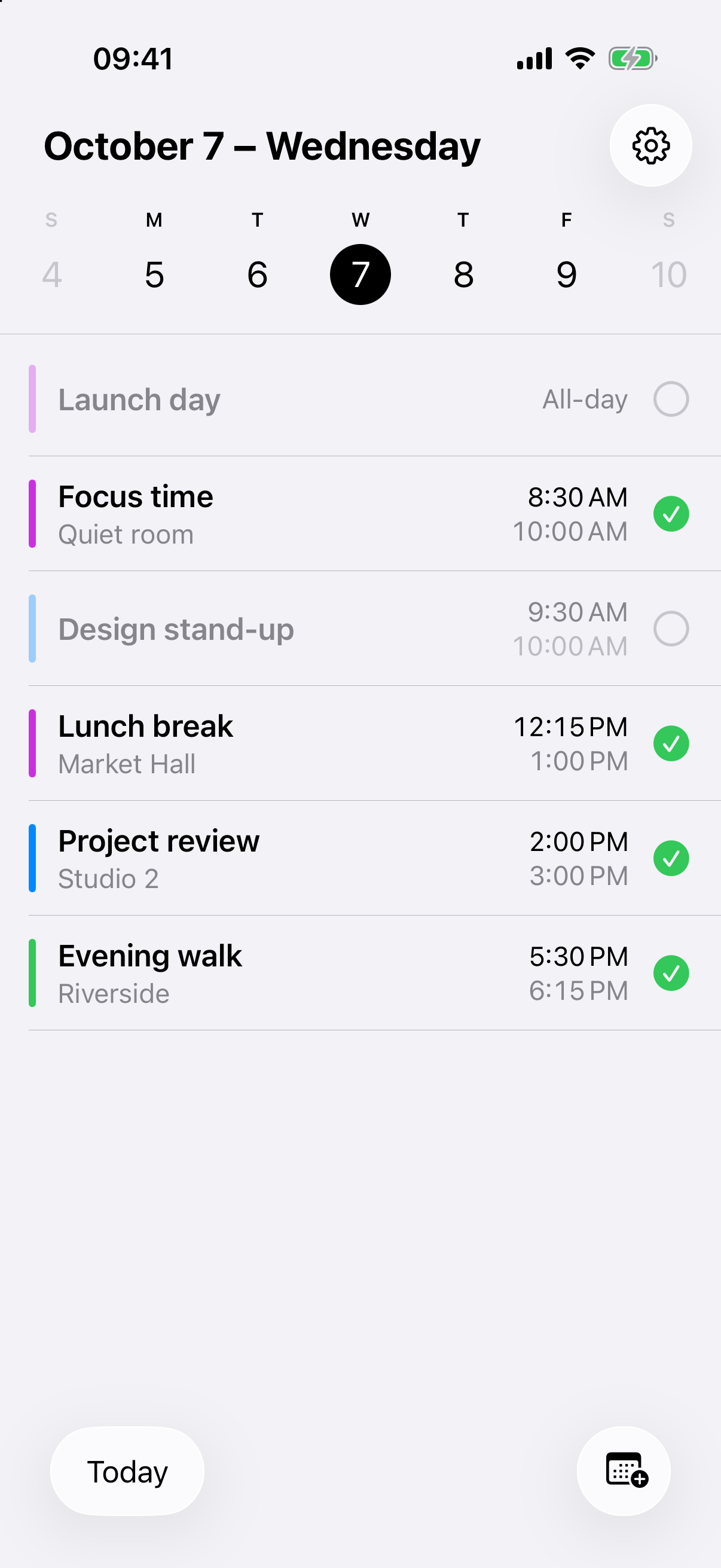 RealCal on iPhone: selected events in the daily plan
