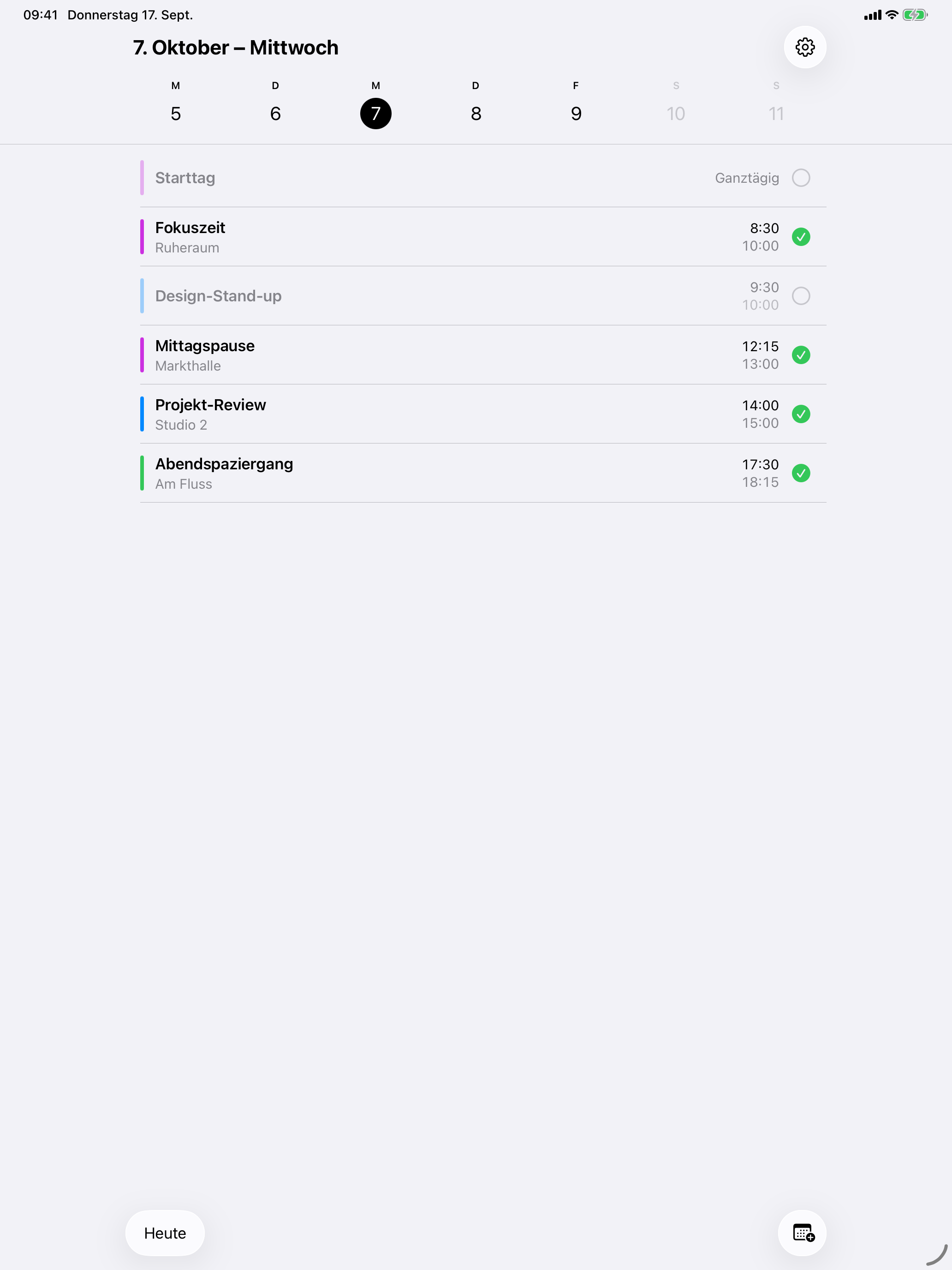 Die deutsche RealCal Tagesansicht auf dem iPad